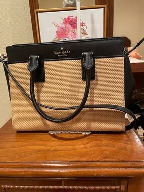 kate spade Black & Natural Woven Satchel with Leather Trim